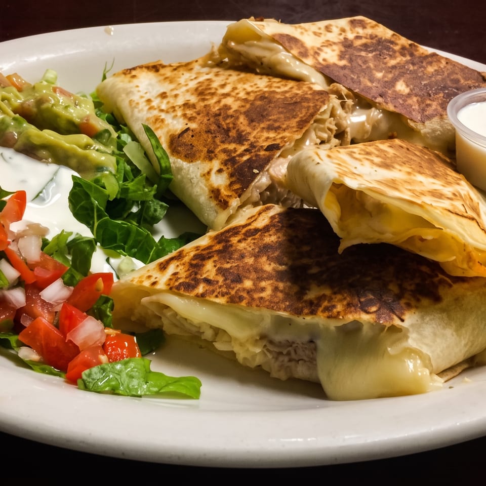 Plate of toasted burritos with melted cheese, guacamole, sour cream, pico de gallo, and leafy greens.